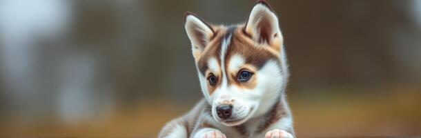 Cute and Adorable Siberian Husky Puppy Portrait. Fluffy Young Canine with Playful Expression in Nature photo