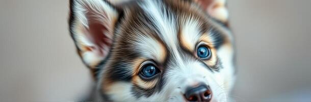Cute Puppy Close-Up Portrait with Blue Eyes and Fluffy Fur - Adorable Domestic Pet Capturing Innocent Expressions and Puppy Love photo