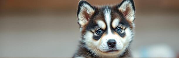 Cute and Fluffy Siberian Husky Puppy Portrait with Blue Eyes and Happy Expression photo