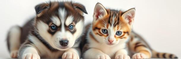Cute Puppy and Kitten Friendship. Adorable Siberian Husky Puppy and Bengal Kitten with Blue Eyes in Cozy Moment photo
