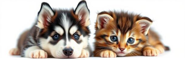 Adorable Kitten and Puppy Snuggling Together. Captivating Portraits of Furry Friends with Blue Eyes and Cute Expressions photo