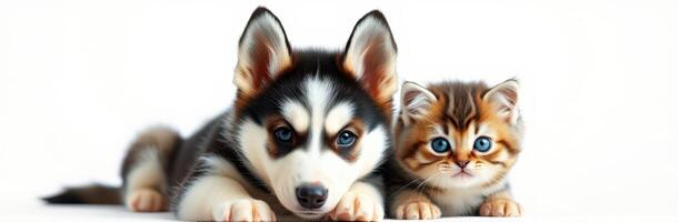 Cute Duo of a Siberian Husky Puppy and Brown Tabby Kitten Snuggling Together in a Tender Moment of Friendship and Bonding photo