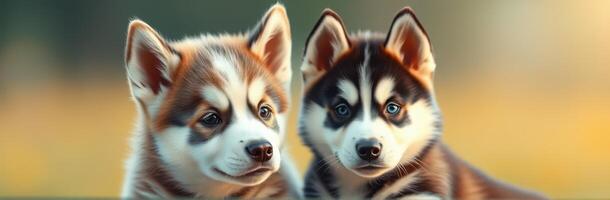 Puppy Love. Adorable Siberian Huskies with Blue Eyes and Warm Colors in Nature photo