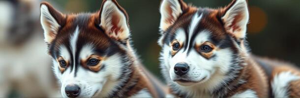 Charming Close-Up of Adorable Siberian Husky Puppies Bonding Together in a Nature Background - Cute Furry Friends Capturing Tender Moments and Playful Mood photo