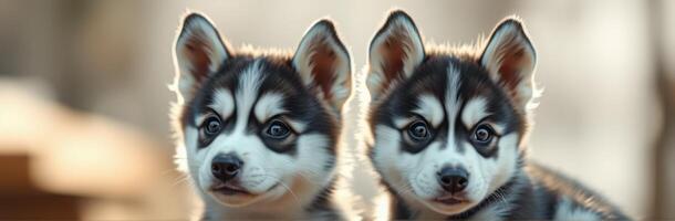 Puppy Pair of Adorable Siberian Huskies in Natural Light. Cute Furry Friends with Happy Puppy Eyes and Playful Expression photo