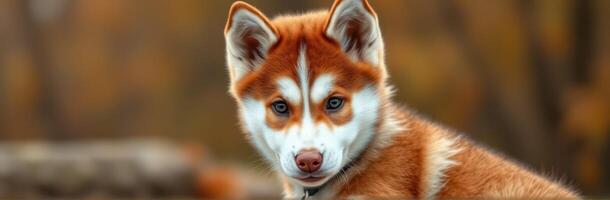 Cute Siberian Husky Puppy with Red Fur and Blue Eyes in Autumn Outdoor Setting photo