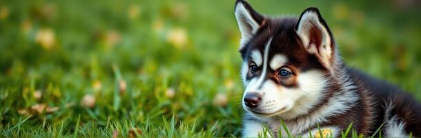 Cute Puppy Portrait. Playful Young Siberian Husky with Blue Eyes in Nature Background on Grass photo