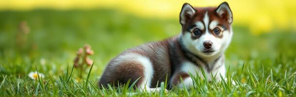 Cute Husky Puppy Playing in Green Grass. Adorable Dog Portrait in Lush Nature Background photo