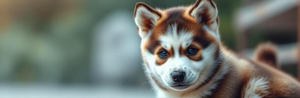 Fluffy and Adorable Puppy Close-Up Portrait with Warm Gaze and Happy Expression in Lush Nature Background photo