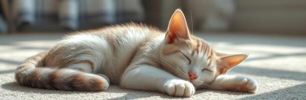 Cozy Orange Tabby Kitten Napping in Sunny Spot on Carpet. Relaxed and Content Domestic Cat with Fluffy Tail photo