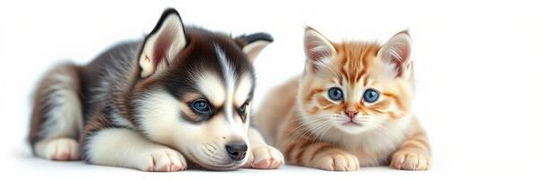 Cute Puppy and Kitten Friendship. Adorable Siberian Husky and Tabby Cat Snuggled Together on White Background photo
