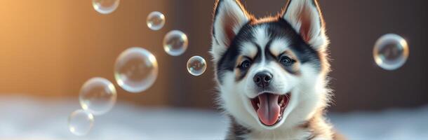 Cute Playful Siberian Husky Puppy Bubbles - Happy Fluffy Dog Outdoors in Sunlight photo