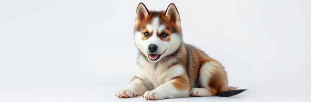 Cute and Adorable Siberian Husky Puppy with Blue Eyes and Playful Expression on White Background photo