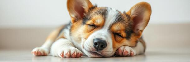 Sleeping Adorable Corgi Puppy Dog Relaxing Indoors - Cute Furry Companion at Peaceful Rest photo