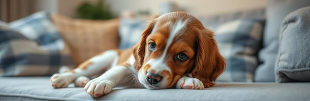 Cute Puppy Portrait of a Sleepy Cavalier King Charles Spaniel Lying on a Couch with Furry Nose and Spotless Fur in Cozy Home Environment photo