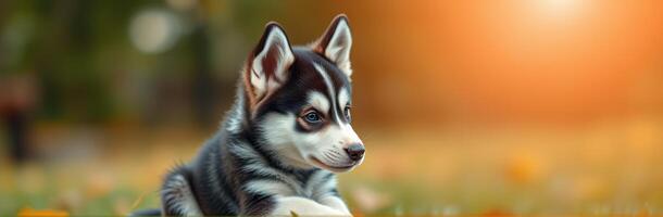 Cute Adorable Siberian Husky Puppy Sitting in Autumn Park with Vibrant Colors and Natural Light photo