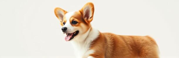 Cute Corgi Puppy Portrait. Adorable Friendly Dog with Brown and White Fur, Happy Expression and Wagging Tail photo