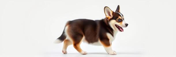 Corgi Puppy Portrait. Cute and Playful Small Dog with Happy Expression on White Background photo