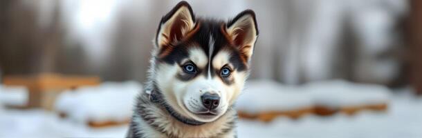Cute Siberian Husky Puppy with Blue Eyes Playing in Snowy Landscape photo