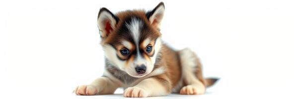 Cute and Adorable Puppy Portrait. Playful Brown and White Fluffy Canine with Innocent Eyes and Charming Expression photo
