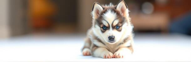 Cute Adorable Puppy Husky with Blue Eyes and Fluffy Fur Laying Down Indoors on a White Background photo