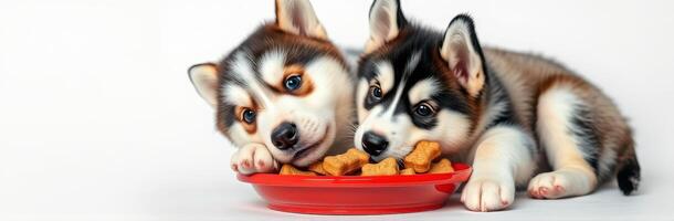 Husky Puppies with Innocent Eyes Enjoying Dog Food in a Red Bowl - Adorable Playful Furry Friends photo