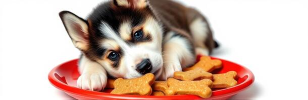 Cute Puppy Portrait with Happy Eyes and Adorable Expressions Surrounded by Dog Treats and Biscuit Snacks photo