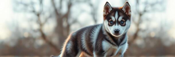 Adorable Siberian Husky Puppy with Blue Eyes in a Frosty Outdoor Setting - Cute Pet Photography photo