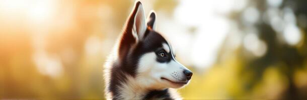 Cute Siberian Husky Puppy Portrait in Sunlit Outdoor Garden with Blurred Background photo