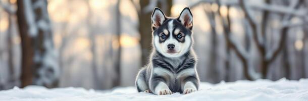 Puppy Portrait of an Adorable Husky with Blue Eyes in a Snowy Winter Wonderland Forest photo