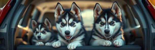Adorable Siberian Husky Puppies Traveling in a Family Car - Happy Playful Canine Companions on an Urban Adventure photo