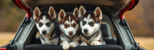 Cute and Playful Siberian Huskies in a Red Car Trunk. Adorable Puppy Portraits of Triplet Dogs with Blue Eyes and Fluffy Fur for Pet Lovers photo