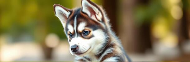 Adorable Fluffy Siberian Husky Puppy with Playful Expression in Natural Garden Setting photo