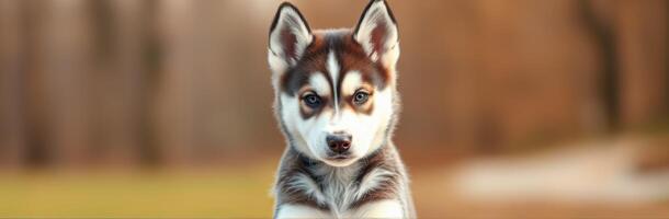 Cute and Playful Siberian Husky Puppy with Blue Eyes Sitting in Forest Background - Dog Photography and Nature Portrait photo