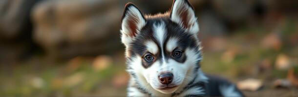 Adorable Fluffy Siberian Husky Puppy Portrait in Nature Garden with Autumn Leaves - Cute Canine Expression and Happy Focus for Dog Lovers photo