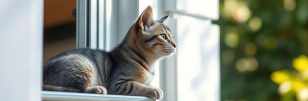 Curious Cat Sitting on Windowsill at Sunset - Adorable Kitten with Long Whiskers and Green Eyes in Home Setting photo