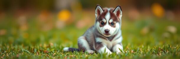 Cute Husky Puppy Playing in Green Grass on a Sunny Day - Adorable Dog Portrait with Furry Friend Features photo