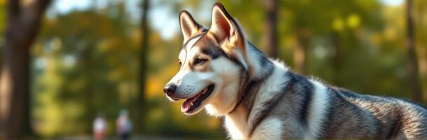 Siberian Husky Portrait in Nature. Happy Furry Friend at Dog Park Surrounded by Trees and Greenery photo
