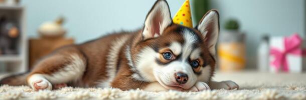 Cute Siberian Husky Puppy with Blue Eyes in a Yellow Birthday Party Hat Sleeping on a Fluffy Carpet photo