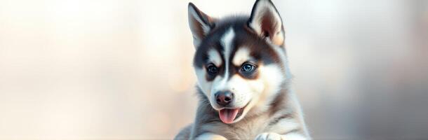Cute and Playful Puppy Portrait. Adorable Siberian Husky with Blue Eyes, Fluffy Fur, and Happy Expression in Snowy Outdoor Setting photo