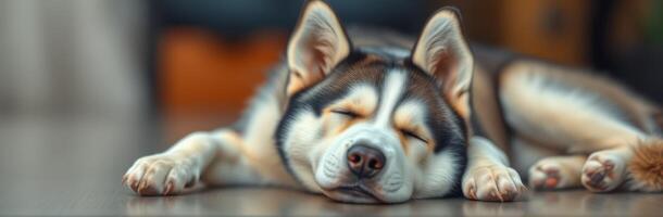 Sleeping Dog Portrait. Adorable Husky and German Shepherd Puppies Snoozing in Peaceful Relaxation on a Cozy Lazy Day photo