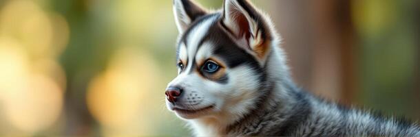 Cute Siberian Husky Puppy with Blue Eyes and Fluffy Fur in Nature Background photo