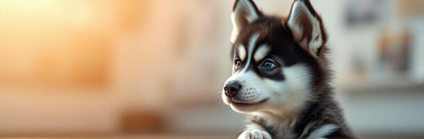 Adorable Siberian Husky Puppy with Fluffy Fur and Blue Eyes in Warm Sunset Light photo