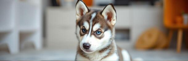 Cute Puppy Portrait of a Siberian Husky with Blue Eyes and Fluffy Brown and White Fur Indoors photo