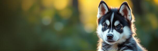 Cute and Playful Siberian Husky Puppy with Blue Eyes and Fluffy Fur in Nature Background photo