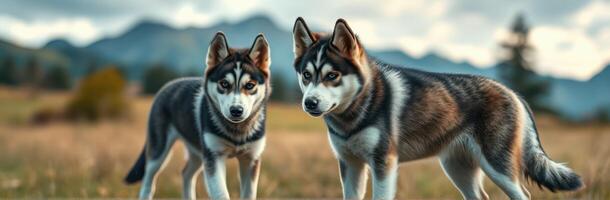 Happy Huskies Exploring the Wilderness. Two Playful Dogs with Blue Eyes in a Nature Landscape photo