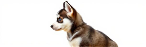 Cute Profile Portrait of a Happy Blue-Eyed Siberian Husky Puppy on White Background photo