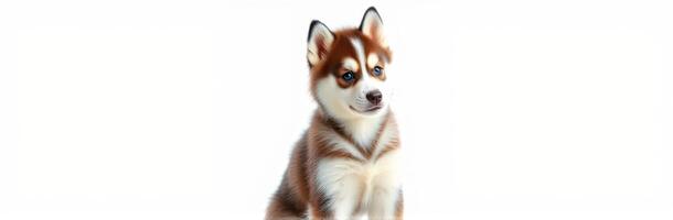 Cute and Adorable Baby Siberian Husky Puppy with Blue Eyes Sitting on White Background - Playful and Loyal Family Dog Close-Up Portrait for Pet Lovers photo