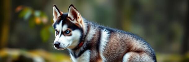 Siberian Husky Puppy with Blue Eyes in Nature. Adorable Canine Portrait in a Forest Setting photo