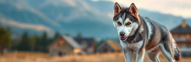 Siberian Husky Outdoor Portrait in Vibrant Nature Scene with Mountain Background and Blurred Village at Sunset photo
